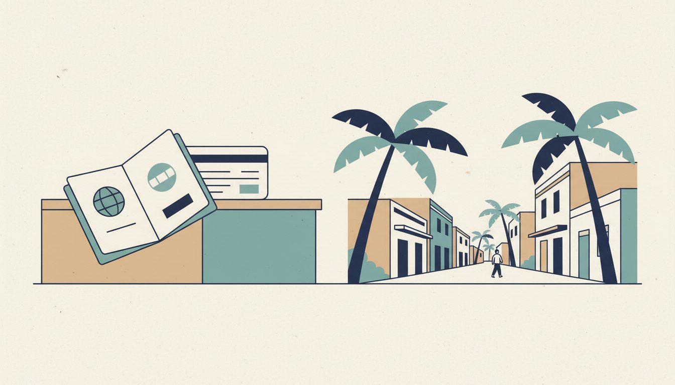 A flat illustration of an immigration desk with an open passport and a residence card, beside a palm-lined Caribbean street where a figure walks away from the viewer